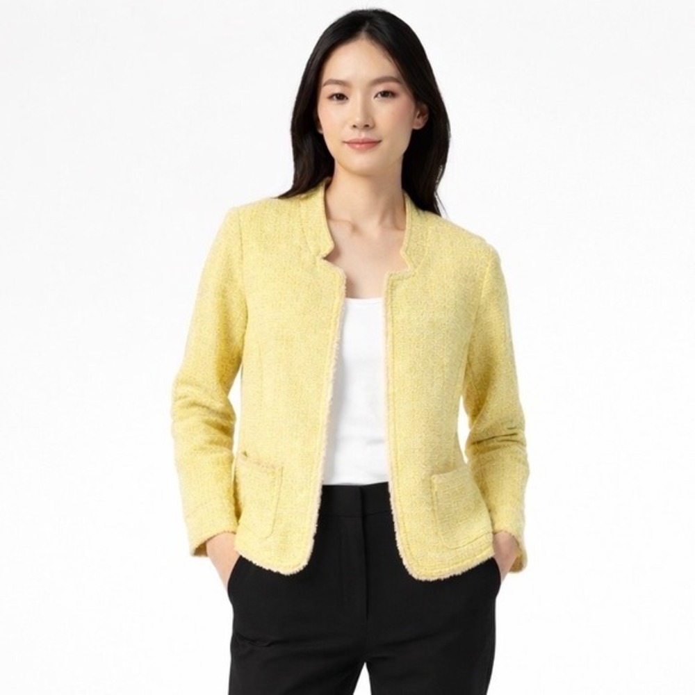 Ann Taylor LOFT Yellow Tweed Fringe Open Front Blazer Jacket M Office Chic 78-35
